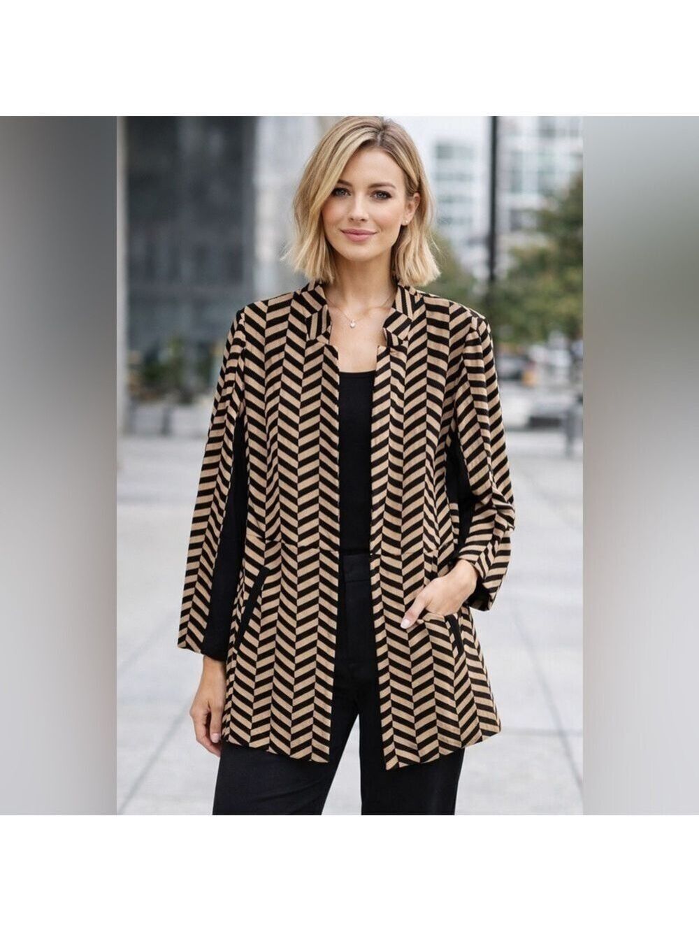 Chico’s geometric jacquard knit blazer long line Medium